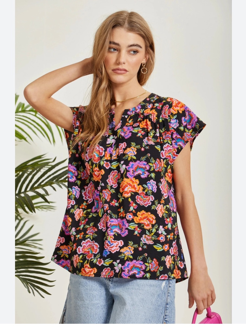 Emily Wonder Pink Floral Ruffle Cap Sleeve Blouse Sz S